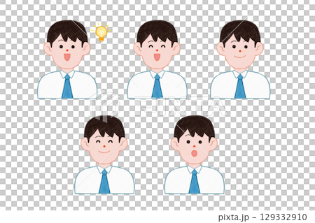 Various facial expressions set of male office workers (smile, expressionless, surprise, joy, smile) Various facial expressions set of male office workers (smile, expressionless, surprise, joy, smile) 129332910