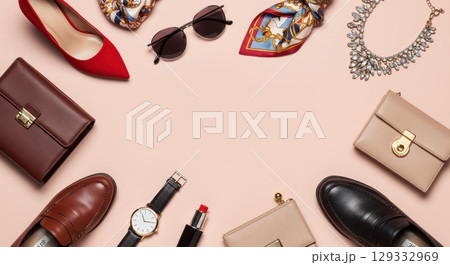 ファッションのシューズ・バッグやアクセサリーとカラフルな背景画像 129332969