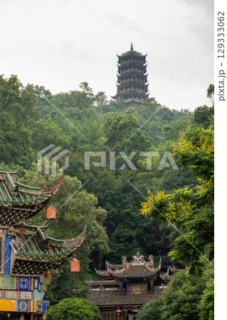 Beautiful landscape of DuJiangYan featuring ancient architecture Beautiful landscape of DuJiangYan featuring ancient architecture 129333062