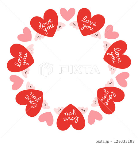 Simple valentines day circle frame. Round love themed border made of different love objects. Pink and red colors happy valentine day hand drawn banner vector isolated on white background. Simple valentines day circle frame. Round love themed border made of different love objects. Pink and red colors happy valentine day hand drawn banner vector isolated on white background. 129333195