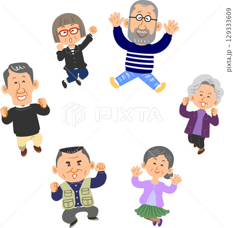 輪になってジャンプするシニアの男女 129333609