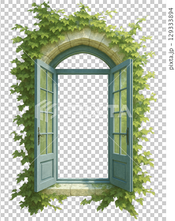 Western-style window covered with ivy Western-style window covered with ivy 129333894