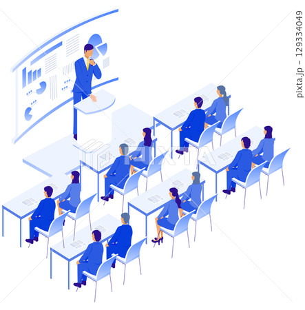 資料を使ったビジネスセミナーの講演風景のアイソメイラスト 129334049