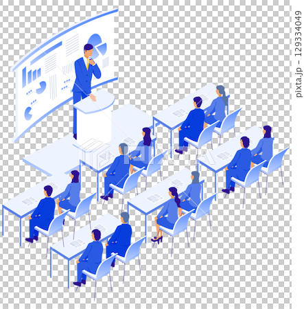 使用材料的商務研討會講座場景的等距插圖 129334049