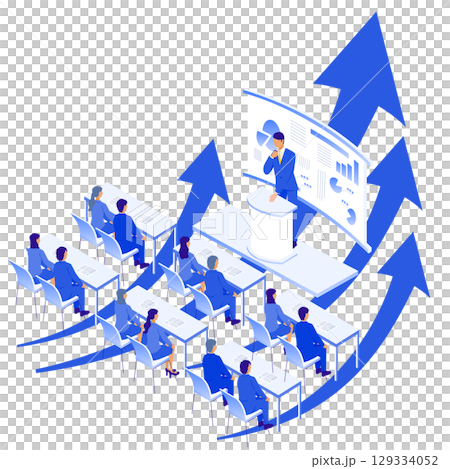 Isometric illustration with arrows symbolizing presentation and business growth 129334052