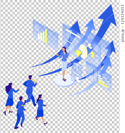 Business illustration (isometric) of a female leader symbolizing growth and leadership Business illustration (isometric) of a female leader symbolizing growth and leadership 129334053