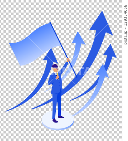 Isometric illustration of a male leader holding a flag and leading business growth 129334056
