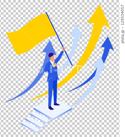 Isometric illustration of a male leader holding a flag and leading business growth 129334057