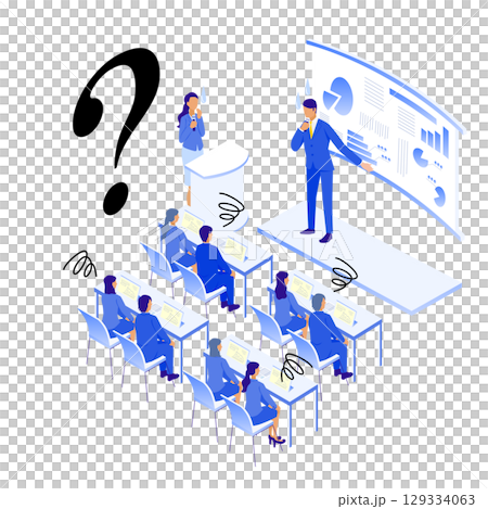 演示場景的插圖(等距),其中解釋不清楚且令人困惑 演示場景的插圖(等距),其中解釋不清楚且令人困惑 129334063