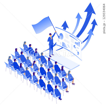 旗を掲げて組織を導くビジネスリーダーと成長を象徴するセミナー風景（アイソメ） 129334064