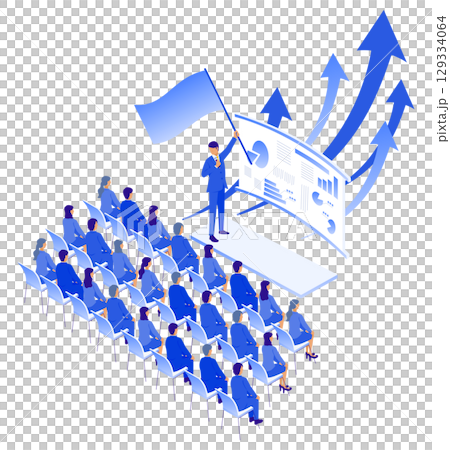 旗を掲げて組織を導くビジネスリーダーと成長を象徴するセミナー風景（アイソメ） 129334064