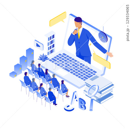 オンライン講義を受講する聴衆と大型ノートPC上の講師イラスト（アイソメ） 129334065