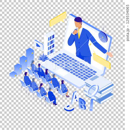 オンライン講義を受講する聴衆と大型ノートPC上の講師イラスト（アイソメ） 129334065