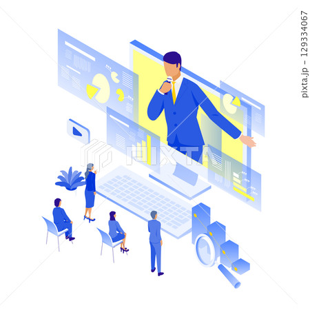 オンラインでデータプレゼンを行う講師と少人数の聴講者イラスト（アイソメ） 129334067
