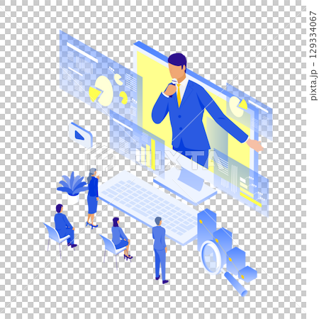 一位講師正在進行線上數據演示，少數與會者的插圖（等距） 129334067