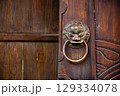 Detailed close-up of an ornate bronze door knocker found in a tr 129334078