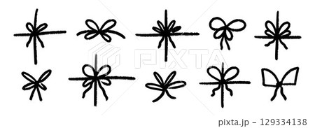 Crayon hand drawn present bows collection. Black doodled ribbon bow set. Brush stroke scribbled elements pack for gift, package, box decoration. Sketched chalk pastel tied knots bundle. Vector Crayon hand drawn present bows collection. Black doodled ribbon bow set. Brush stroke scribbled elements pack for gift, package, box decoration. Sketched chalk pastel tied knots bundle. Vector 129334138