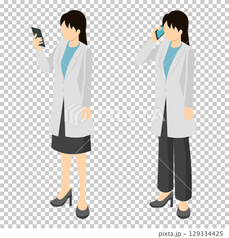 一群身穿白大褂的女性使用智慧型手機_等距插圖 129334425