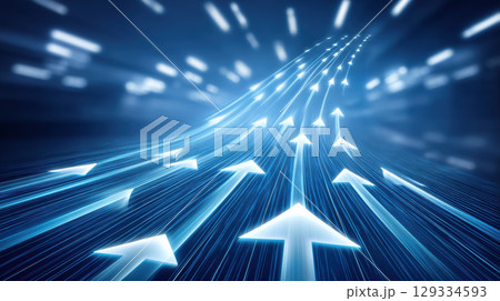 Futuristic glowing arrows moving upward in dynamic blue digital background, symbolizing progress and fast technology advancement Futuristic glowing arrows moving upward in dynamic blue digital background, symbolizing progress and fast technology advancement 129334593