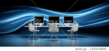 Modern office workspace with three computers and chairs, futuristic blue light waves creating dynamic and sleek atmosphere 129334606