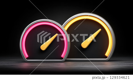 Speedometer with glowing neon lights in yellow and pink colors on black background, showing dynamic measurement and modern design 129334621