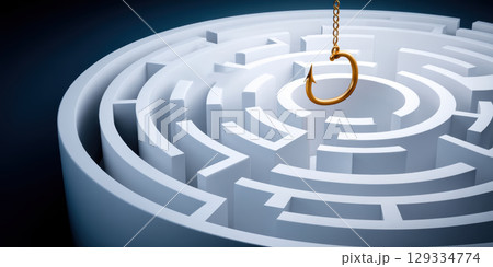 Phishing concept with golden fishhook hanging over white circular maze symbolizing cyber attack risk and online security challenge in digital world 129334774