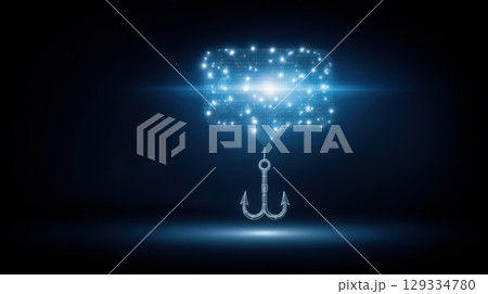 Phishing concept with digital message bubble and fishing hook glowing in dark background showing cyber attack threat and online security risk Phishing concept with digital message bubble and fishing hook glowing in dark background showing cyber attack threat and online security risk 129334780