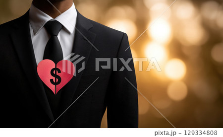 Business concept showing man in black suit with dollar sign on red heart symbolizing emotional side of business and dollar value 129334808