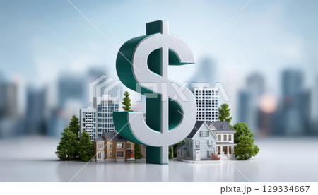 Dollar sign with miniature houses and buildings representing business concept of real estate investment and property value growth 129334867