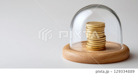 Stack of gold coin under glass dome on wooden base shows price increased concept of financial protection and saving 129334889