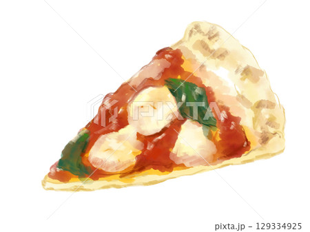 焼きたてで美味しそうな1ピースのマルゲリータピザの手描き水彩イラスト 焼きたてで美味しそうな1ピースのマルゲリータピザの手描き水彩イラスト 129334925