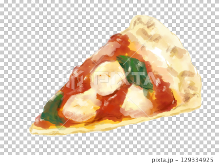 焼きたてで美味しそうな1ピースのマルゲリータピザの手描き水彩イラスト 焼きたてで美味しそうな1ピースのマルゲリータピザの手描き水彩イラスト 129334925