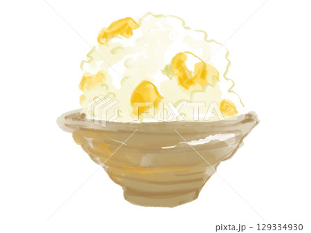 炊き立てで美味しそうなお茶碗に入った栗ご飯の手描き水彩イラスト 129334930