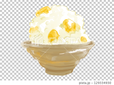 炊き立てで美味しそうなお茶碗に入った栗ご飯の手描き水彩イラスト 129334930