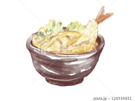 揚げたてで美味しそうな天丼の手描き水彩イラスト 129334931