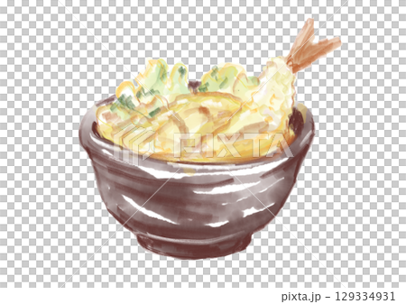 手繪水彩畫,描繪了剛炸好的美味天婦羅碗 手繪水彩畫,描繪了剛炸好的美味天婦羅碗 129334931