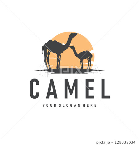 desert animal design sahara silhouette logo camel simple modern concept vintage caravan camel illustration template symbol brand product business 129335034
