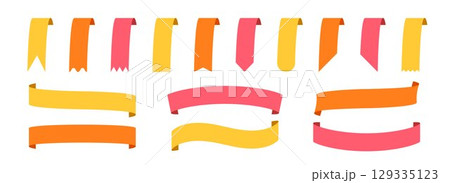 Bookmarks and ribbon banners set. Yellow, orange and red note and mark element collection. Different labels and badges pack for promotion, product decoration, price tag, discount sticker. Vector 129335123