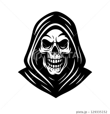 Menacing hooded skull vector illustration, perfect for gothic, dark, and edgy themes. 129335152