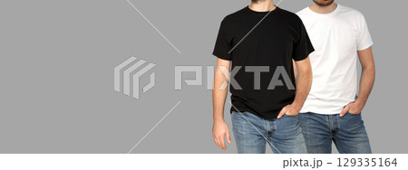 Men showcase casual t-shirt styles in different colors and jeans 129335164
