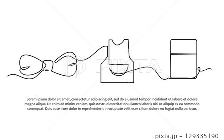 Continuous line design of safety clothing for cooking. Single line decorative element drawn on white. 129335190