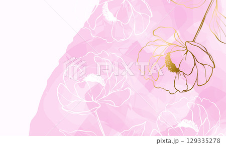 Watercolor floral background with peony flowers. Pink paint splash on white backdrop with copy space. Horizontal banner template. Luxury minimal style vector design Watercolor floral background with peony flowers. Pink paint splash on white backdrop with copy space. Horizontal banner template. Luxury minimal style vector design 129335278