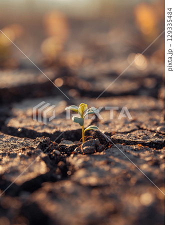 A tiny green sprout emerges from dry, cracked earth. Bathed in warm, golden sunlight, it symbolizes hope, new beginnings, and the incredible resilience of nature. 129335484