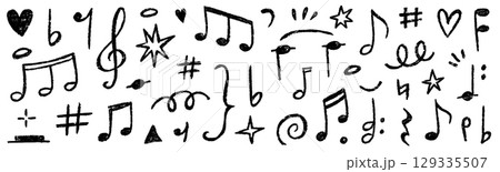 Music note icon vector doodle set. Hand drawn music note, sound symbol, melody sign in chalk crayon sketch style. Retro pastel crayon texture, playful sticker elements background. Vector illustration Music note icon vector doodle set. Hand drawn music note, sound symbol, melody sign in chalk crayon sketch style. Retro pastel crayon texture, playful sticker elements background. Vector illustration 129335507