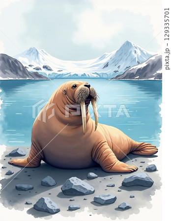 Watercolor walrus resting on an icy shore with majestic snow-capped mountains and a serene, light blue sea in the background. A peaceful Arctic scene. 129335701
