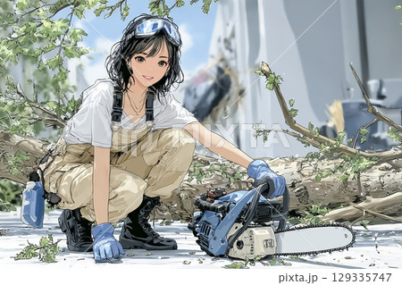 チェーンソーで倒木を切断する笑顔の女性のイラスト素材 チェーンソーで倒木を切断する笑顔の女性のイラスト素材 129335747