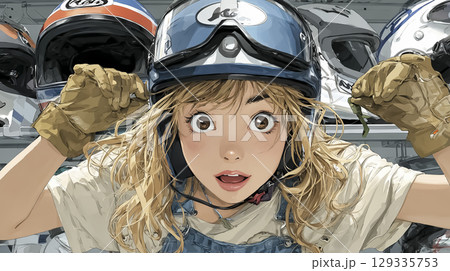 新しいヘルメットを試着して確かめる女性ライダー 129335753