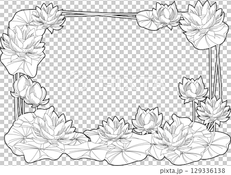 背景素材<花フレーム・蓮(ハス・枠付きモノクロ)> 背景素材<花フレーム・蓮(ハス・枠付きモノクロ)> 129336138
