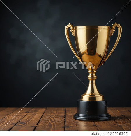 Golden Trophy on Wooden Table Against Dark Background for Awards 129336395