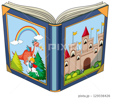 Open Storybook with Knight, Dragon, and Castle Illustration 129336426